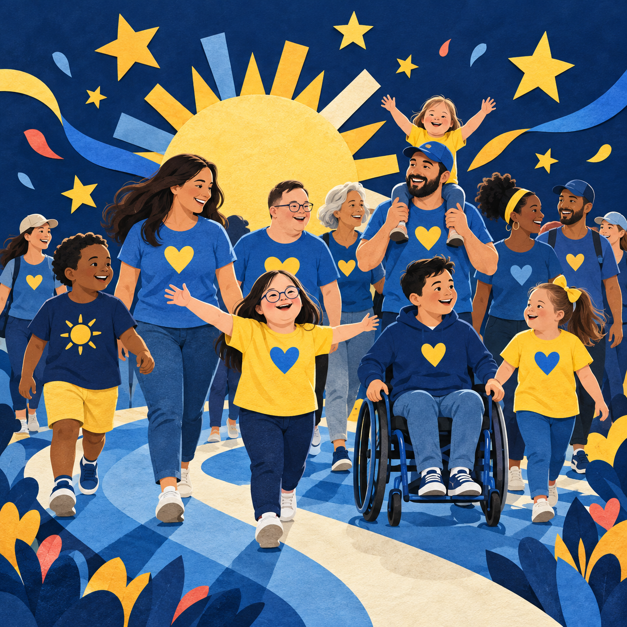 Joyful paper-cut illustration of families and friends walking and rolling together beneath gold stars, celebrating a community where everyone belongs.